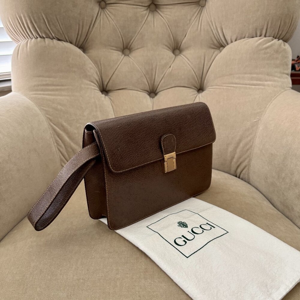 VTG Auth GUCCI Genuine Boar Pigskin Leather UNISEX Wristlet Clutch Bag - Picture 2 of 6